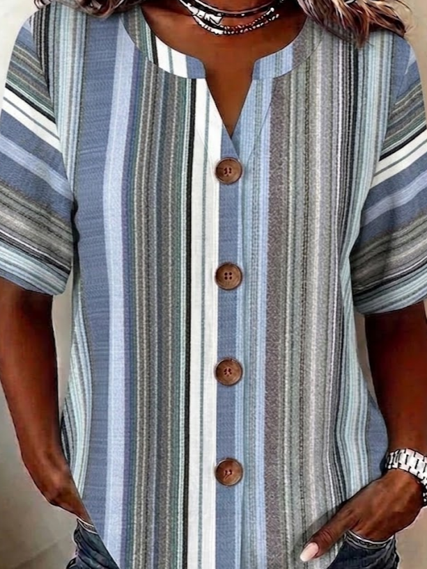 Striped Linen Blend Stand Collar Simple Loose Shirt