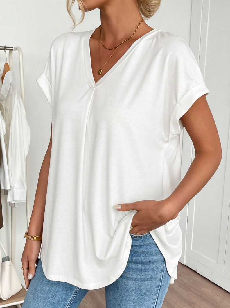 Plain Back Pleated V Neck Short Sleeved Casual Top