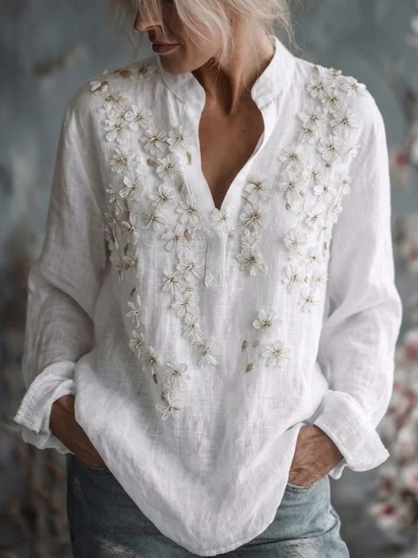Women's Vintage Printed Floral Linen Long Sleeve Shirt