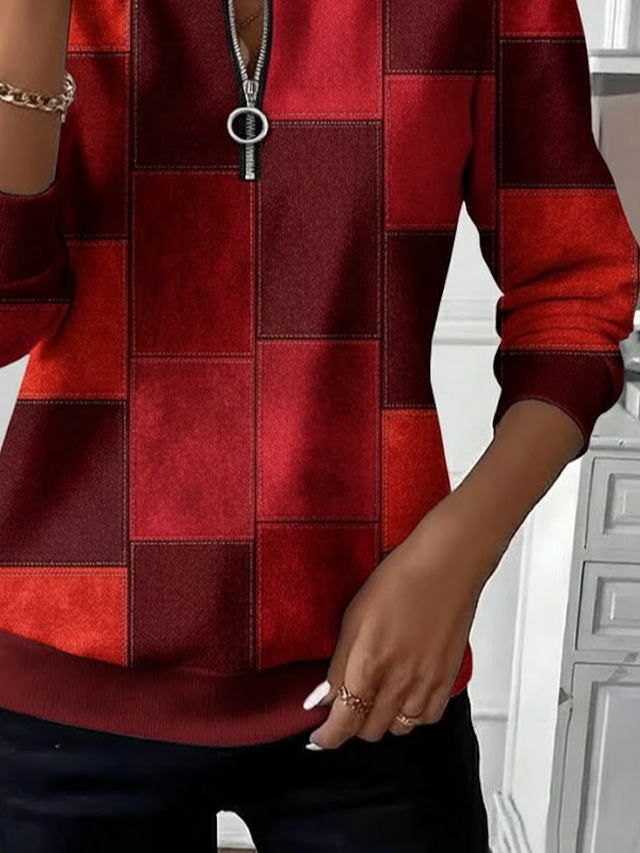 Women's Plaid Print Casual Zipper Long Sleeve Sweatshirt