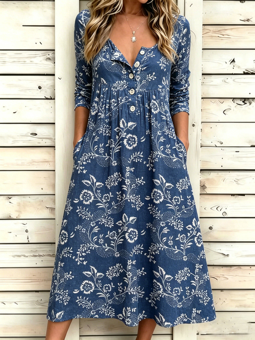 Denim Blue Floral Print Half Sleeve Round Neck Button A-Line Vintage Casual Dress