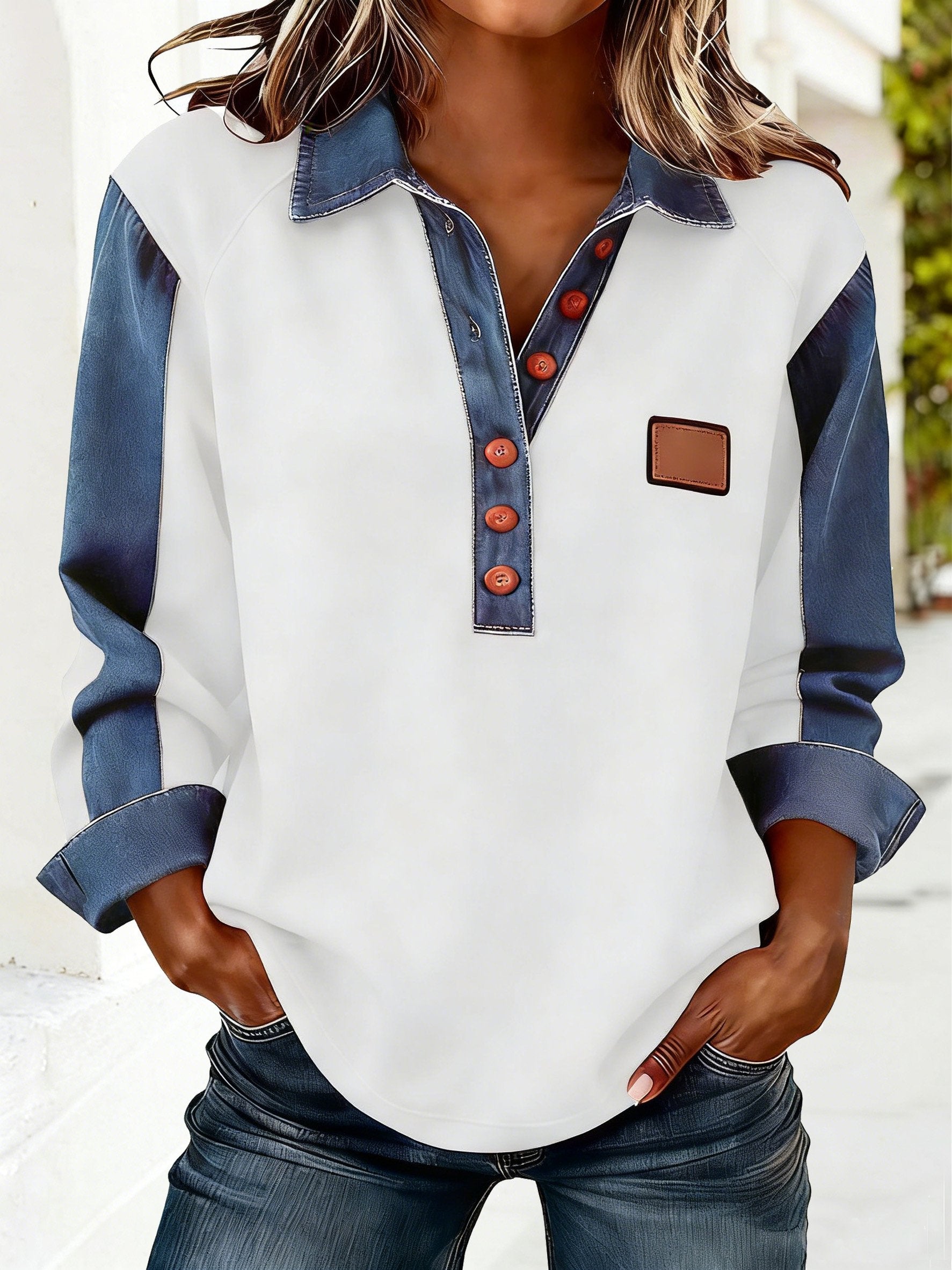 Denim Color Block Polo Shirt Long Sleeve Plain Casual Blouse