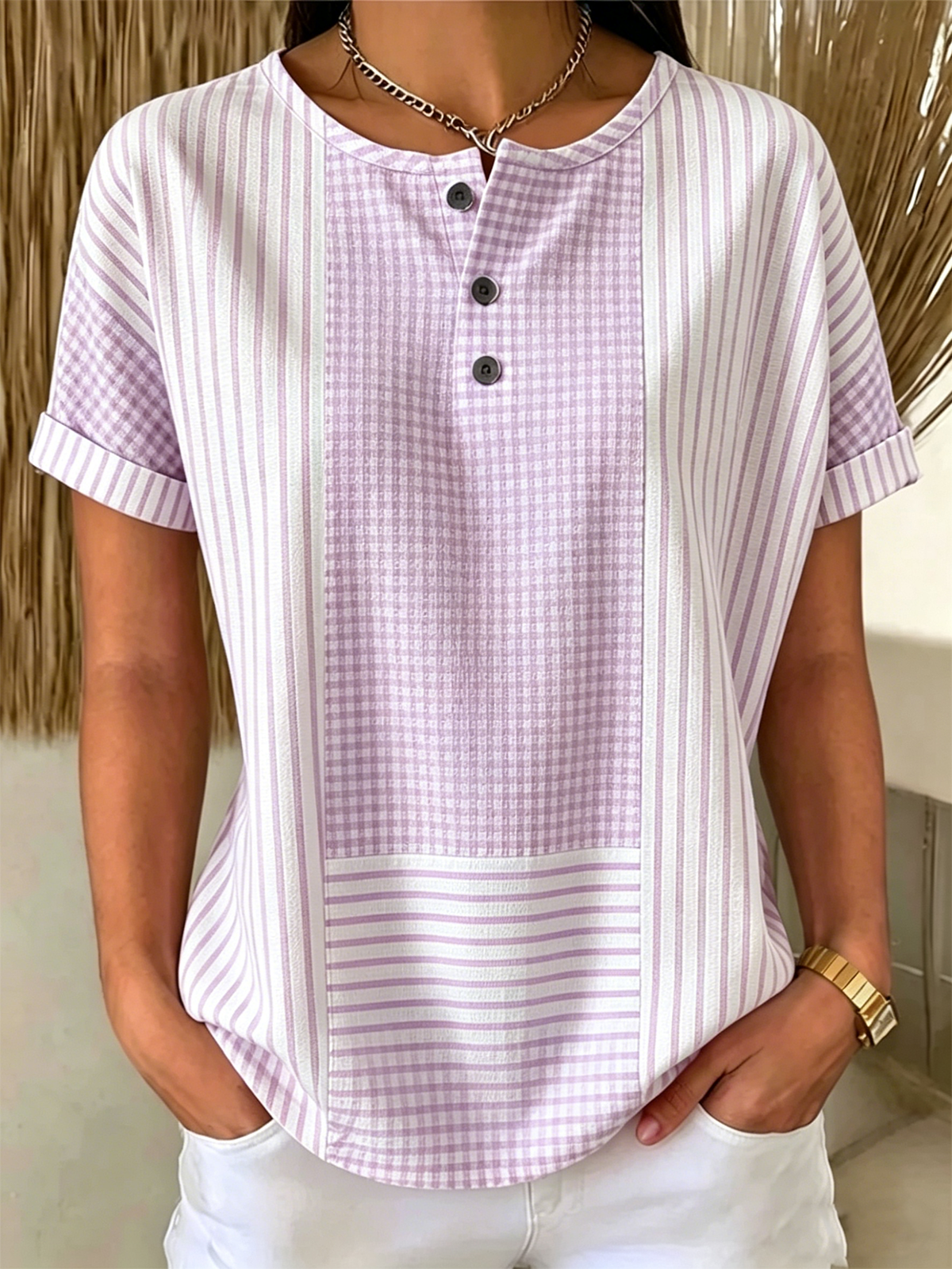 Women's Gingham & Stripe Patchwork Henley Short Sleeve Button T-Shirt