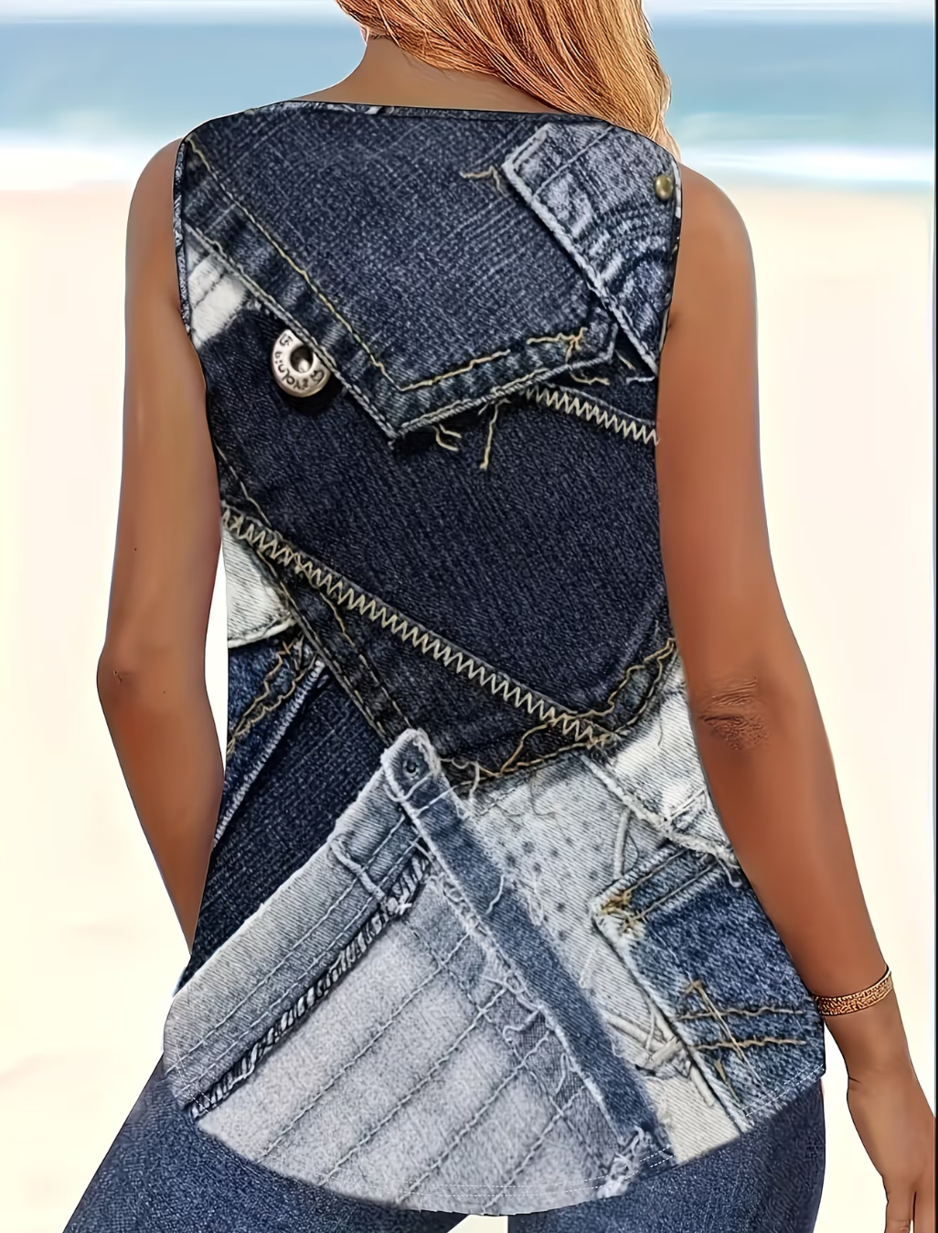 Others Elegant Loose Faux Denim Print Graphic Tank Top