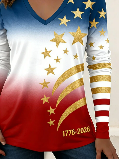 Women's Long Sleeve T-shirt Spring/Fall As Picture Independence Day (Flag) Printing V Neck Holiday Going Out Casual Top