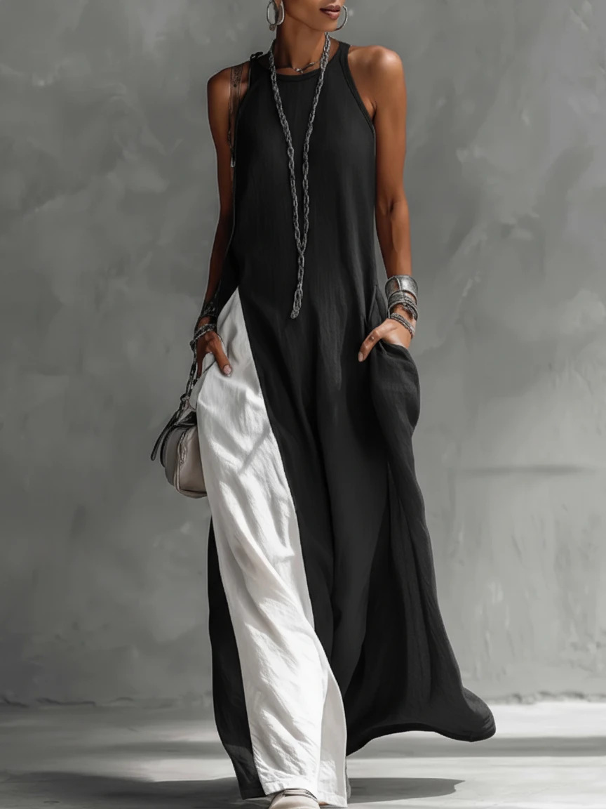 Casual Color Block Crew Neck Maxi Dress