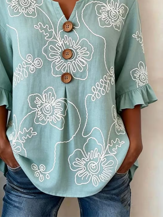 Women's Half Sleeve Blouse Summer Cyan Floral Printing V Neck Daily Going Out Vintage Top