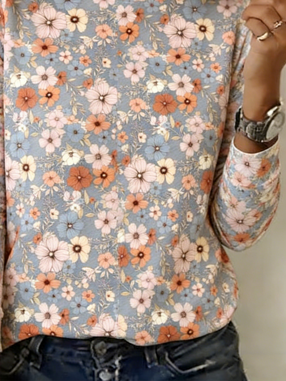 Simple Floral Crew Neck Cotton-Blend T-Shirt