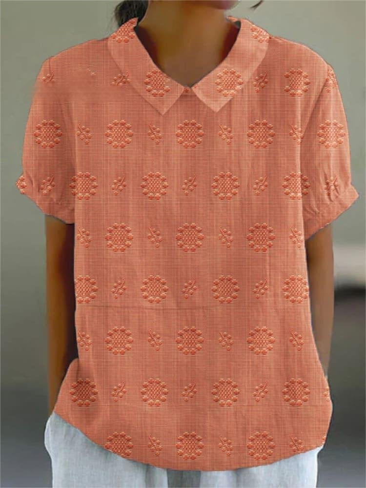 Vintage Printed Textured Short Sleeve Blouse with Peter Pan Collar