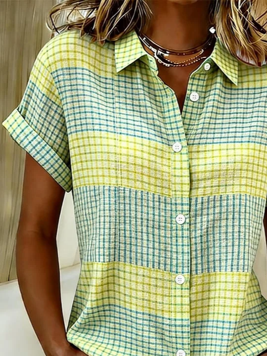 Women's Short Sleeve Shirt Summer As Picture Plaid Printing Shirt Collar Daily Going Out Casual Top