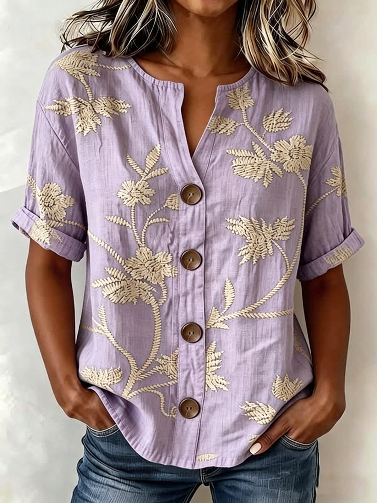 Women's Floral Print Linen Blend V-Neck Button Front Rolled Sleeve Blouse