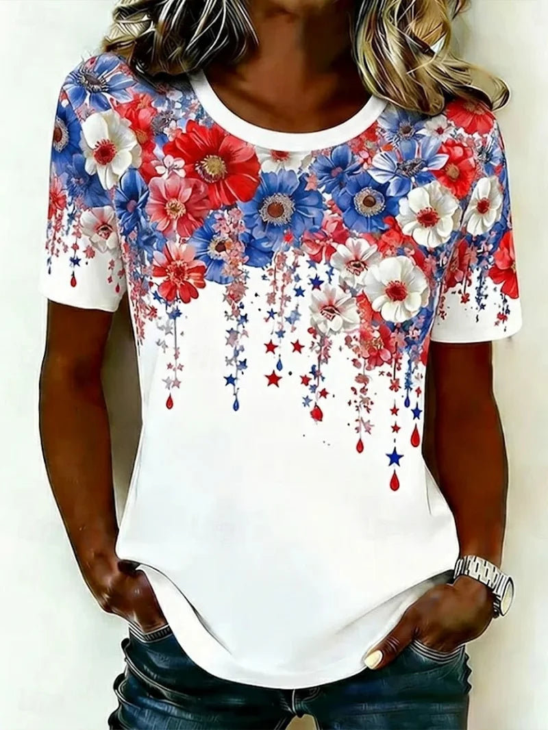Women's Short Sleeve T-shirt Summer White Independence Day (Flag) Printing Jersey Crew Neck Daily Going Out Casual Top