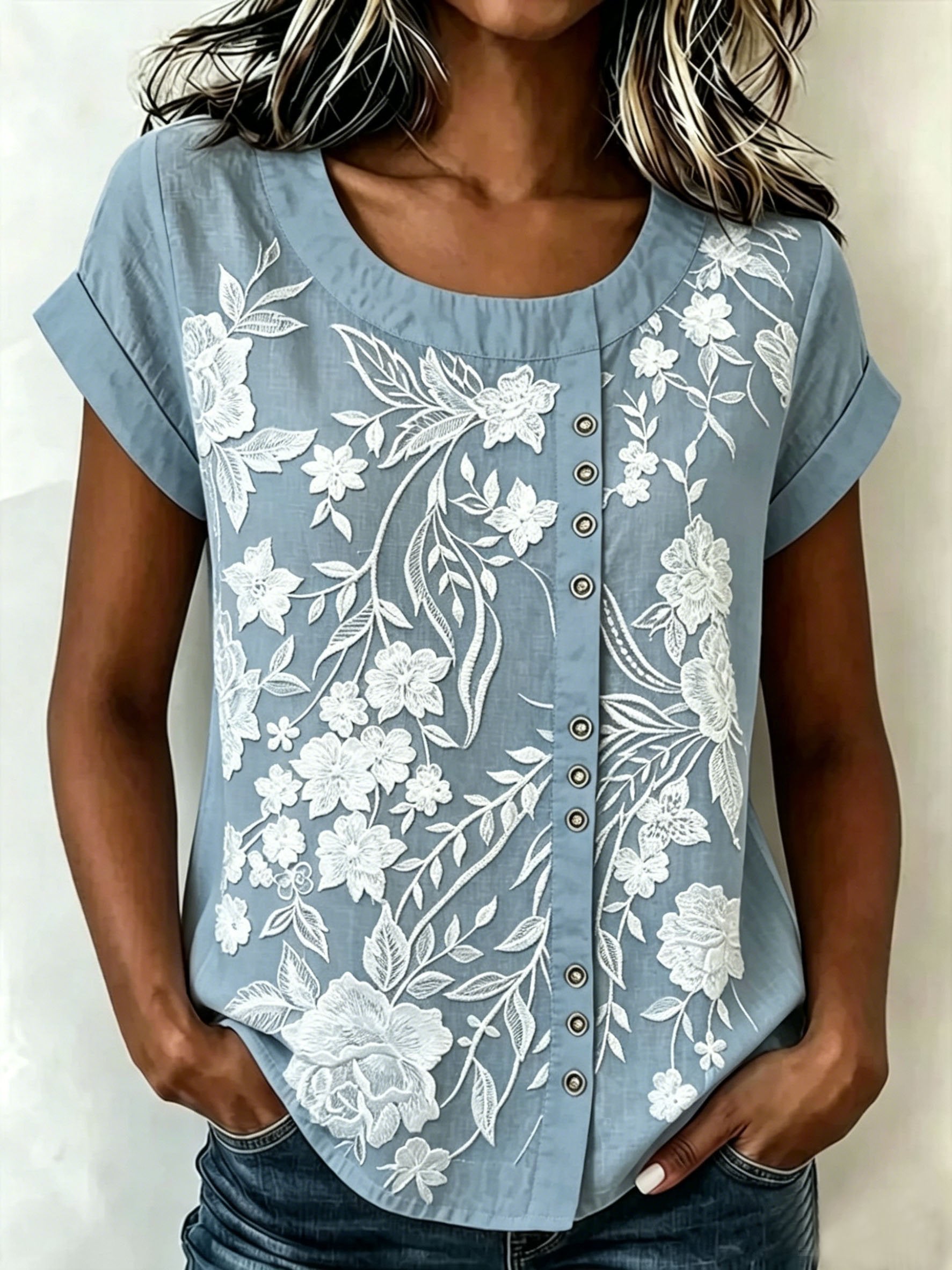 3D Printing Casual Linen Blend Crew Neck Loose Casual Top