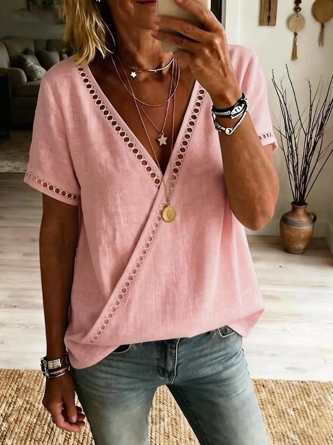 Elegant Plain Loose Polyester Cotton V Neck Perforated Lace Casual Top