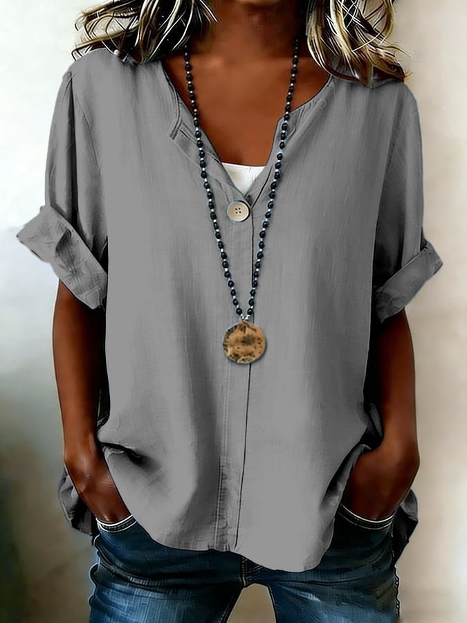 Casual V Neck Plain Loose Blouse