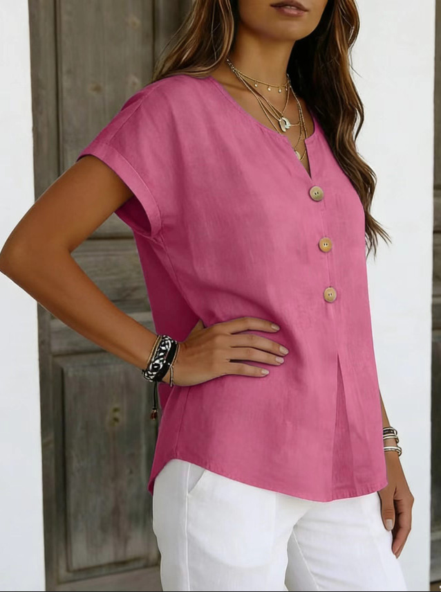 Cotton And Linen Plain Elegant Loose V Neck Short Sleeve Button Casual Shirt