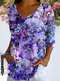 Women's Three Quarter Sleeve T-shirt Spring/Fall Purple FloralPrinting V Neck Daily Going Out Casual Top