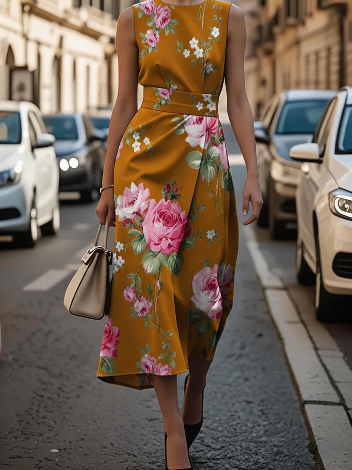 Pink Floral Sleeveless Midi Dress A-Line Wedding Guest Cocktail Dress