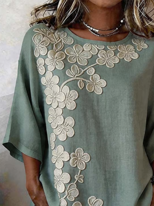 Women's Half Sleeve Blouse Summer Green Floral Printing Crew Neck Daily Going Out Vintage Top