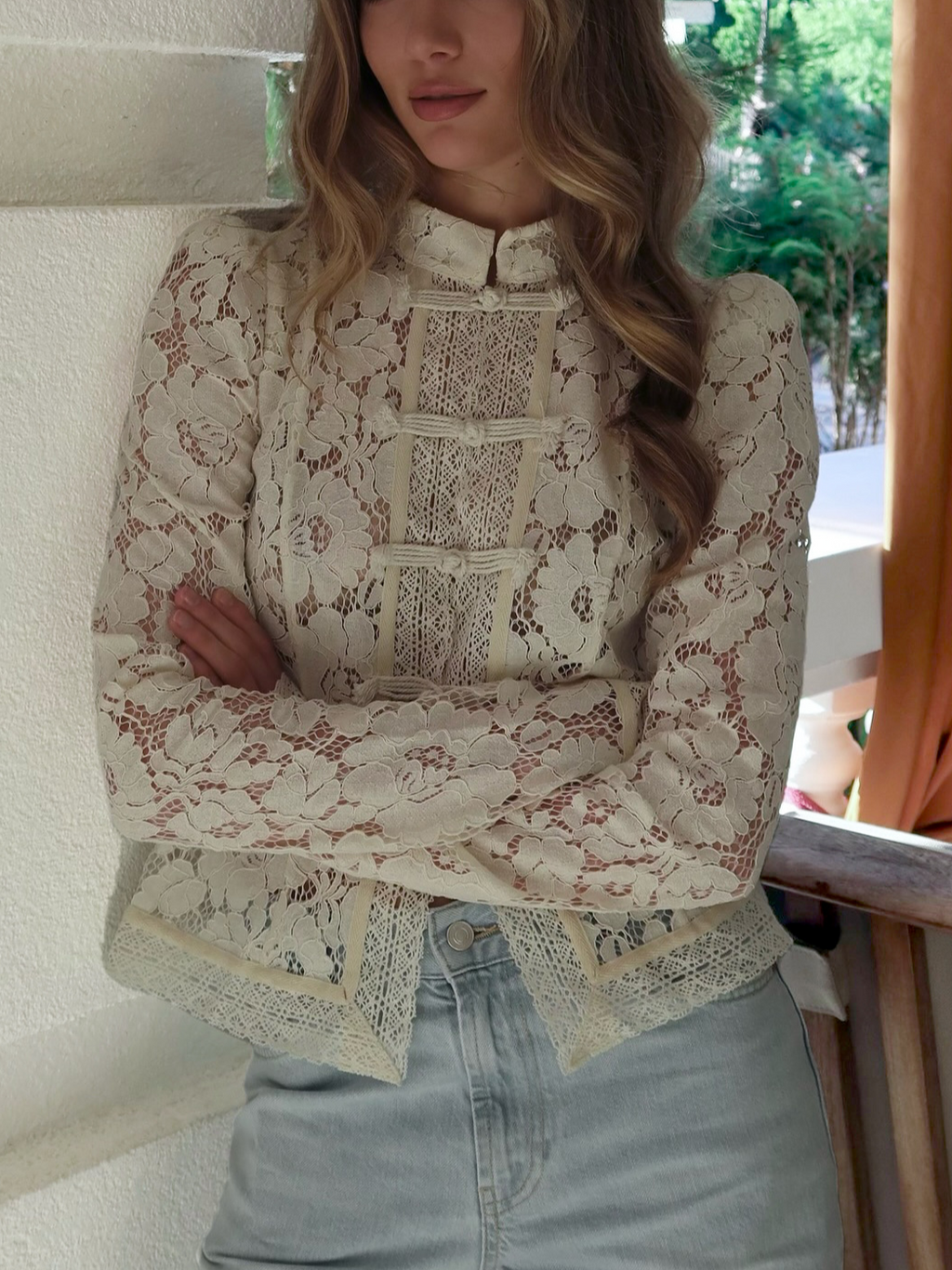 Mock Neck Elegant Lace Cotton-Blend Shirt