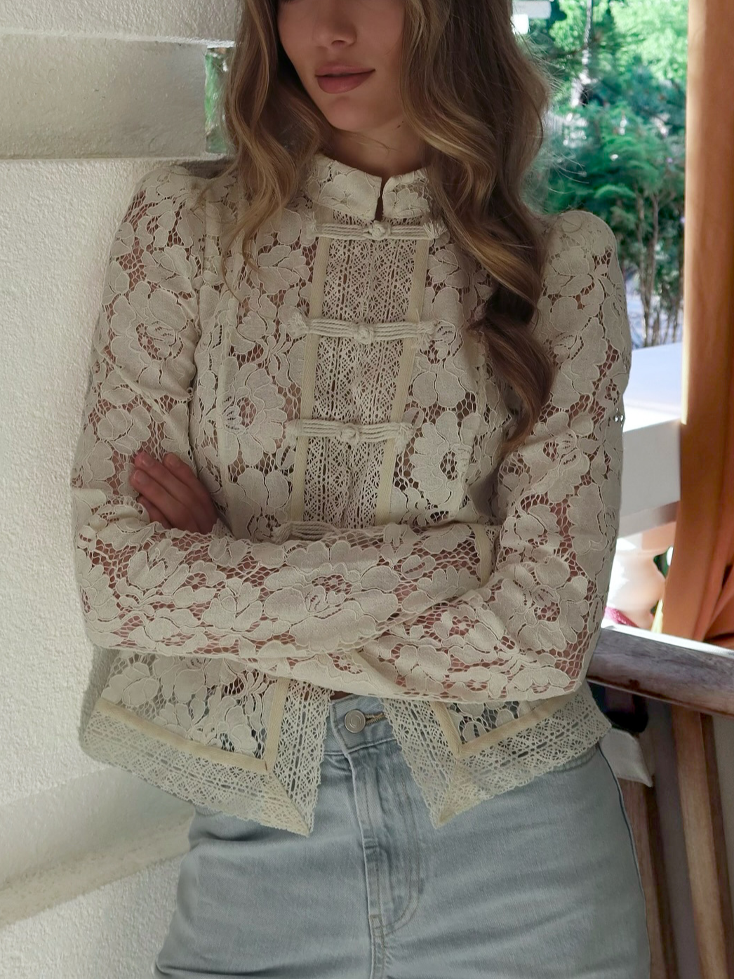 Mock Neck Elegant Lace Cotton-Blend Shirt
