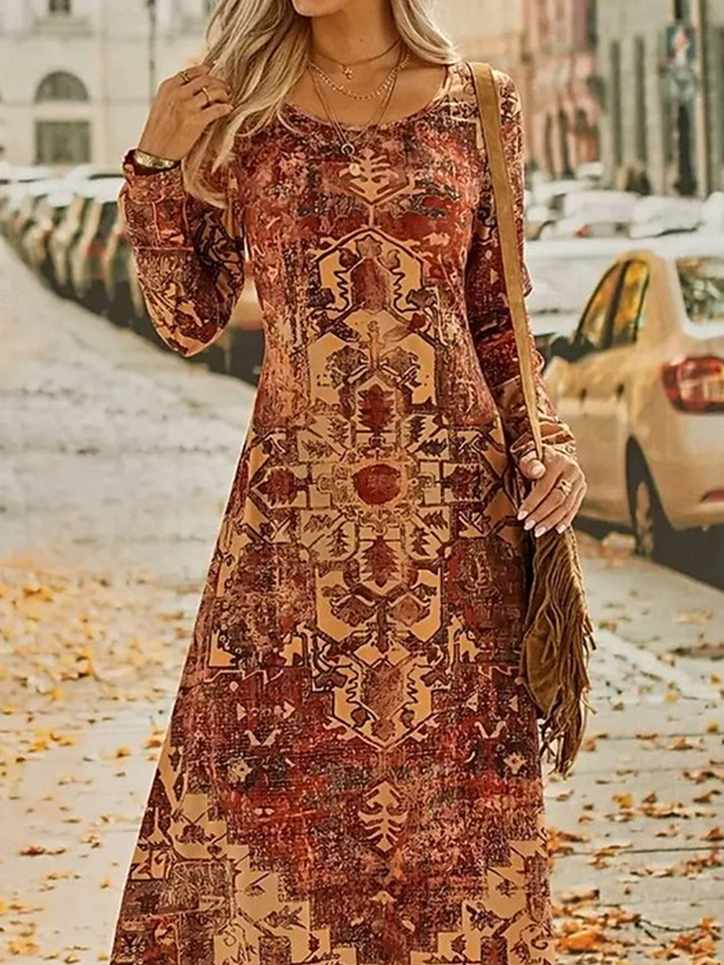 Casual Ethnic Crew Neck Dress With No