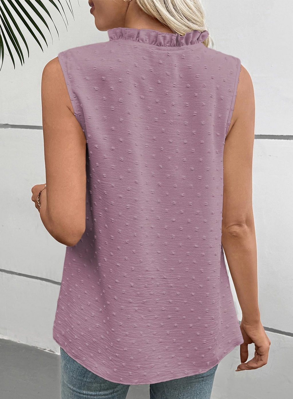 Dots Jaquard V-Neck Ruffle Sleeveless Lace Going Out Casual Top