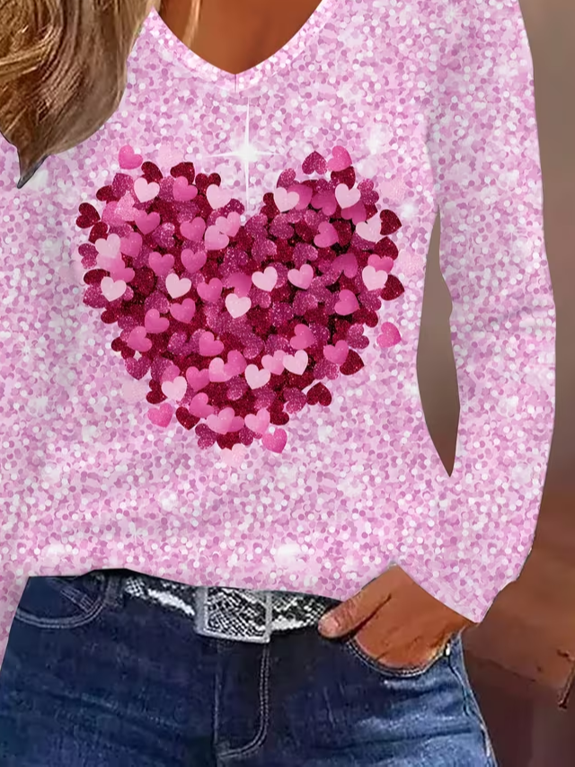 Women's Long Sleeve T-shirt Spring/Fall Pink Heart/Cordate Printing Jersey V Neck Daily Going Out Casual Top