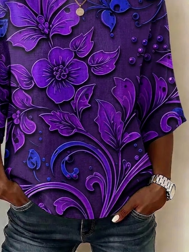Women's Half Sleeve Blouse Summer Purple Floral Printing Crew Neck Daily Going Out Vintage Top