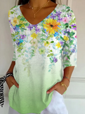 Women's Three Quarter Sleeve T-shirt Spring/Fall Green Floral Printing V Neck Daily Going Out Casual Top