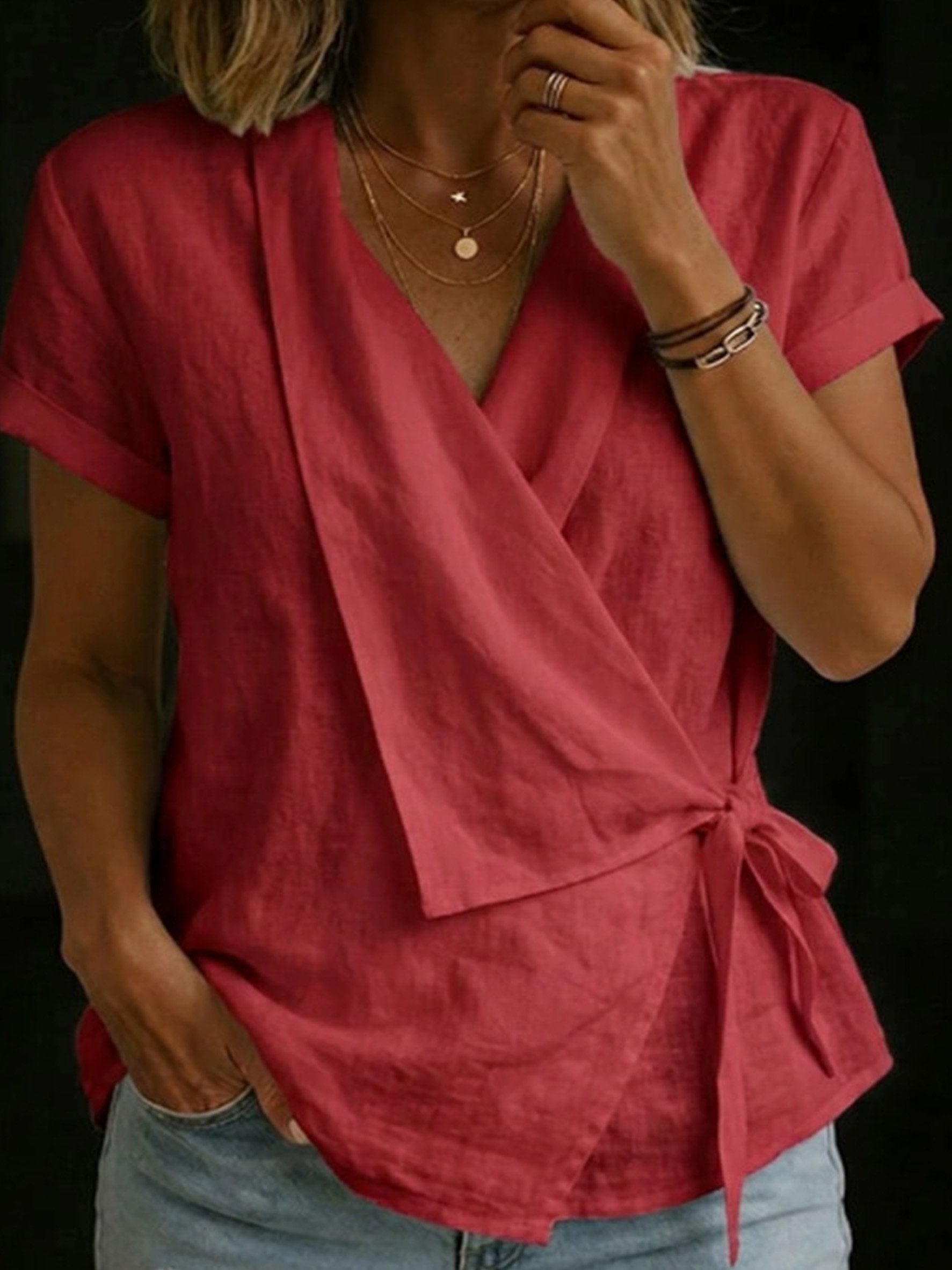 Cotton And Linen Wrap Detail V Neck Short Sleeve Irregularly Shaped Hem Casual Blouse
