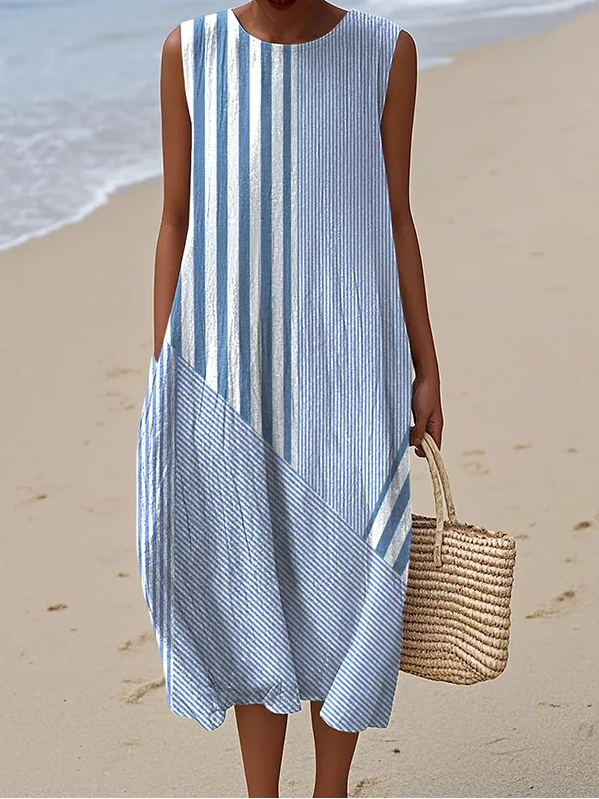 Striped Crew Neck Elegant Loose Dress With No