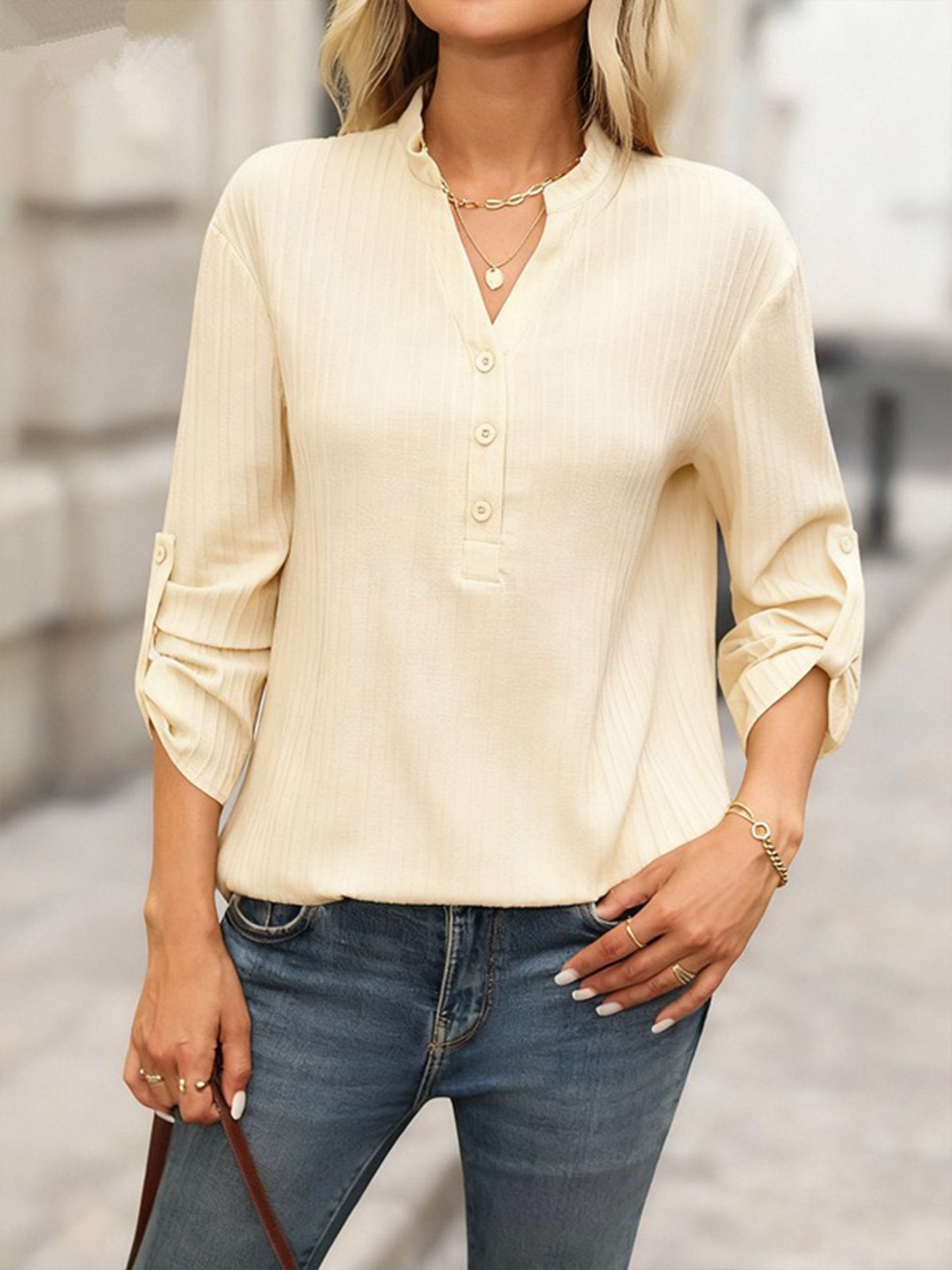 Casual Plain V Neck Blouse
