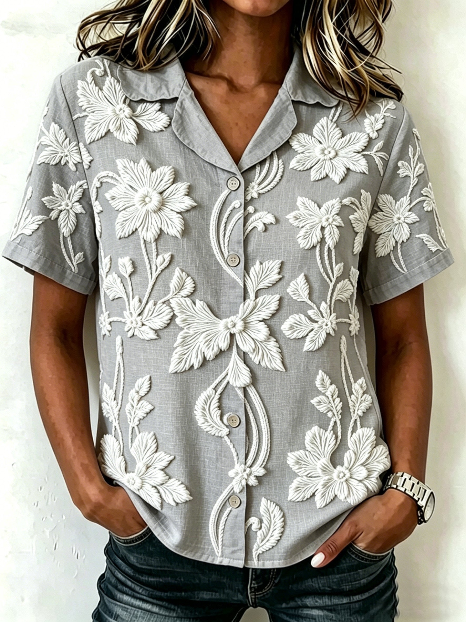 3D Printing Shawl Collar Short Sleeve Vintage Botanical Pattern Casual Shirt