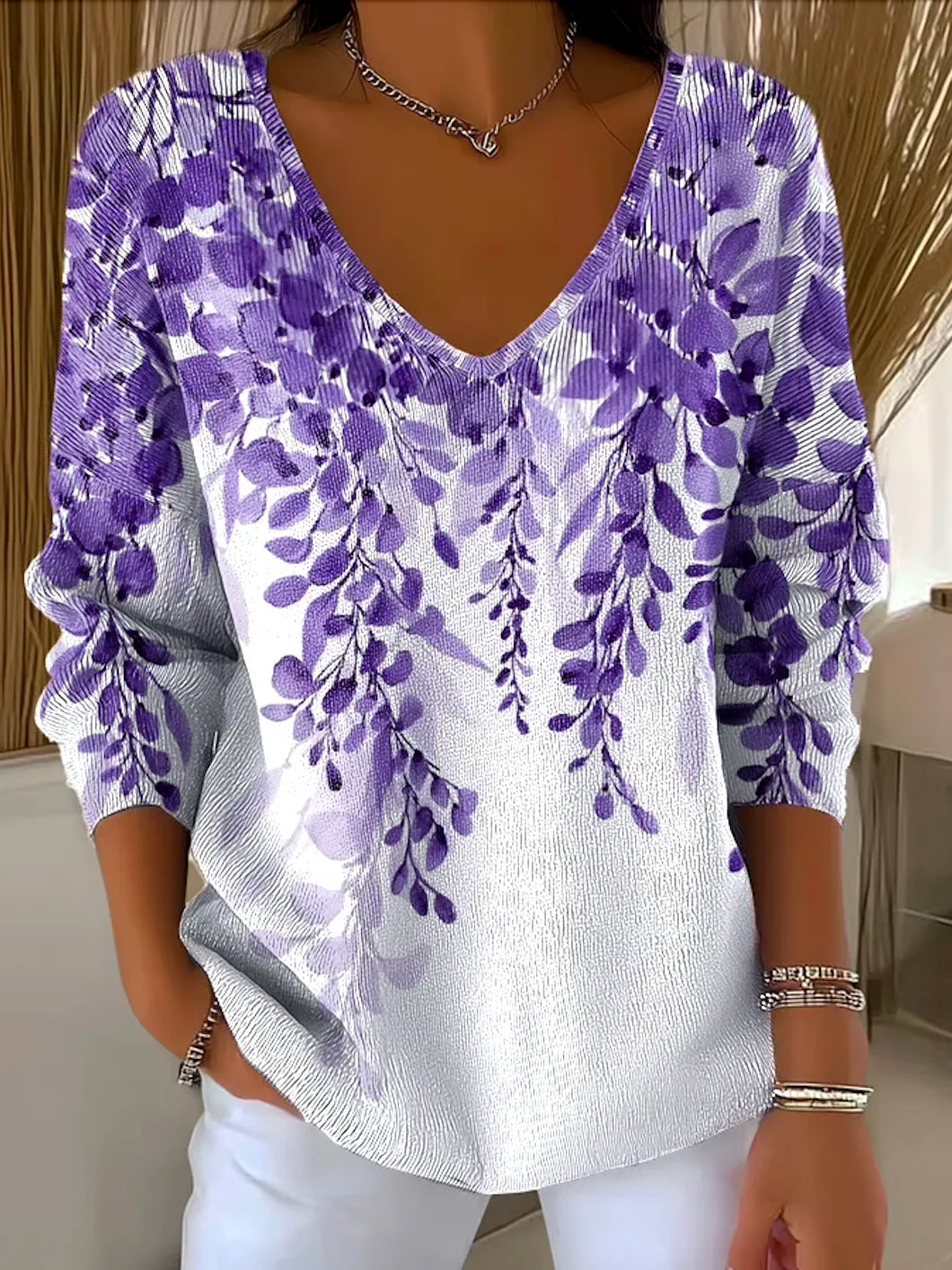 Cotton Casual V Neck Plants Sweater
