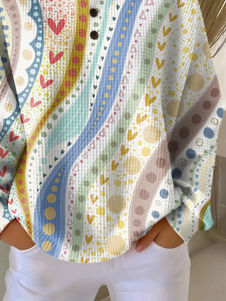 Women's Love Print Button-Up Casual Waffle Knit Sweatshirt