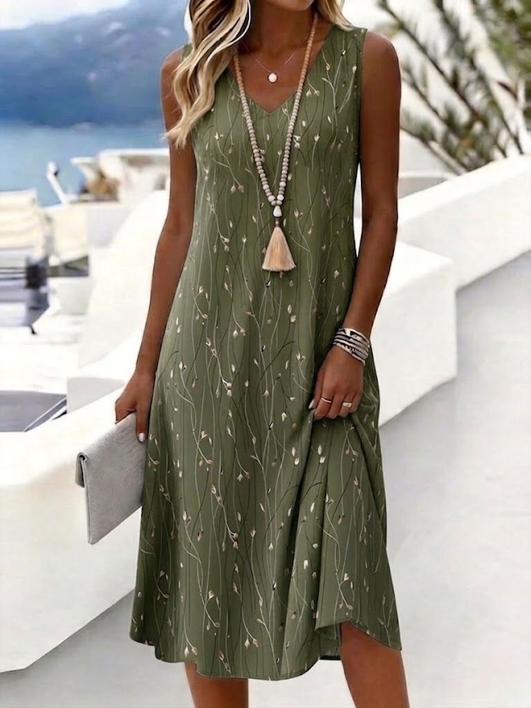 Blue Gray Gold Vine Leaf Print Sleeveless V-Neck Casual Midi Dress