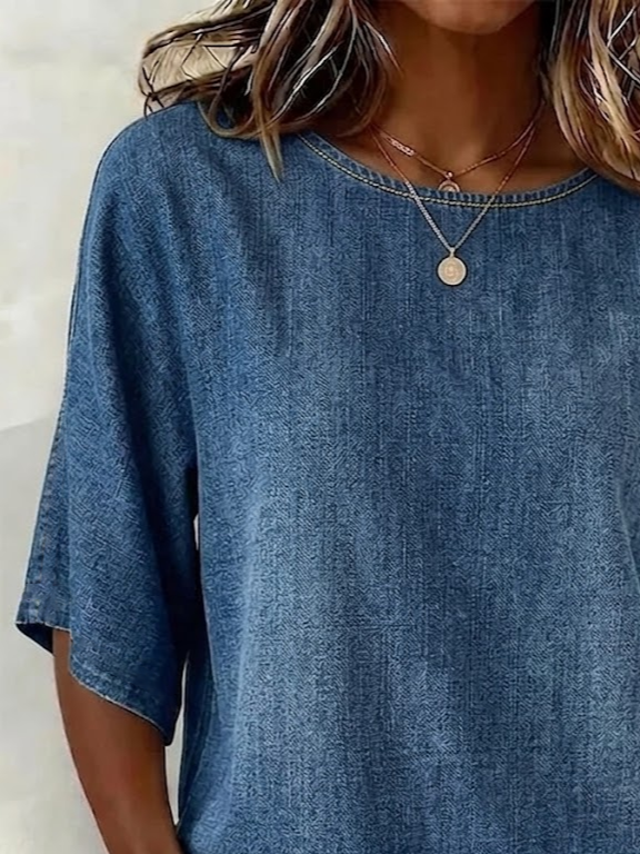 Women's Half Sleeve Blouse Summer Blue Plain Printing Crew Neck Daily Going Out Vintage Top