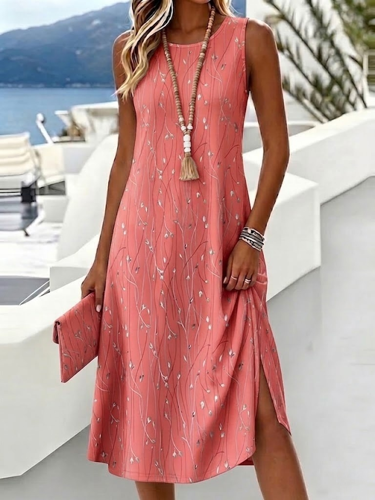 Women's Sleeveless Round Neck Midi Dress Blue Gray Floral Print Casual Summer Tank Dress with No Slit Hem