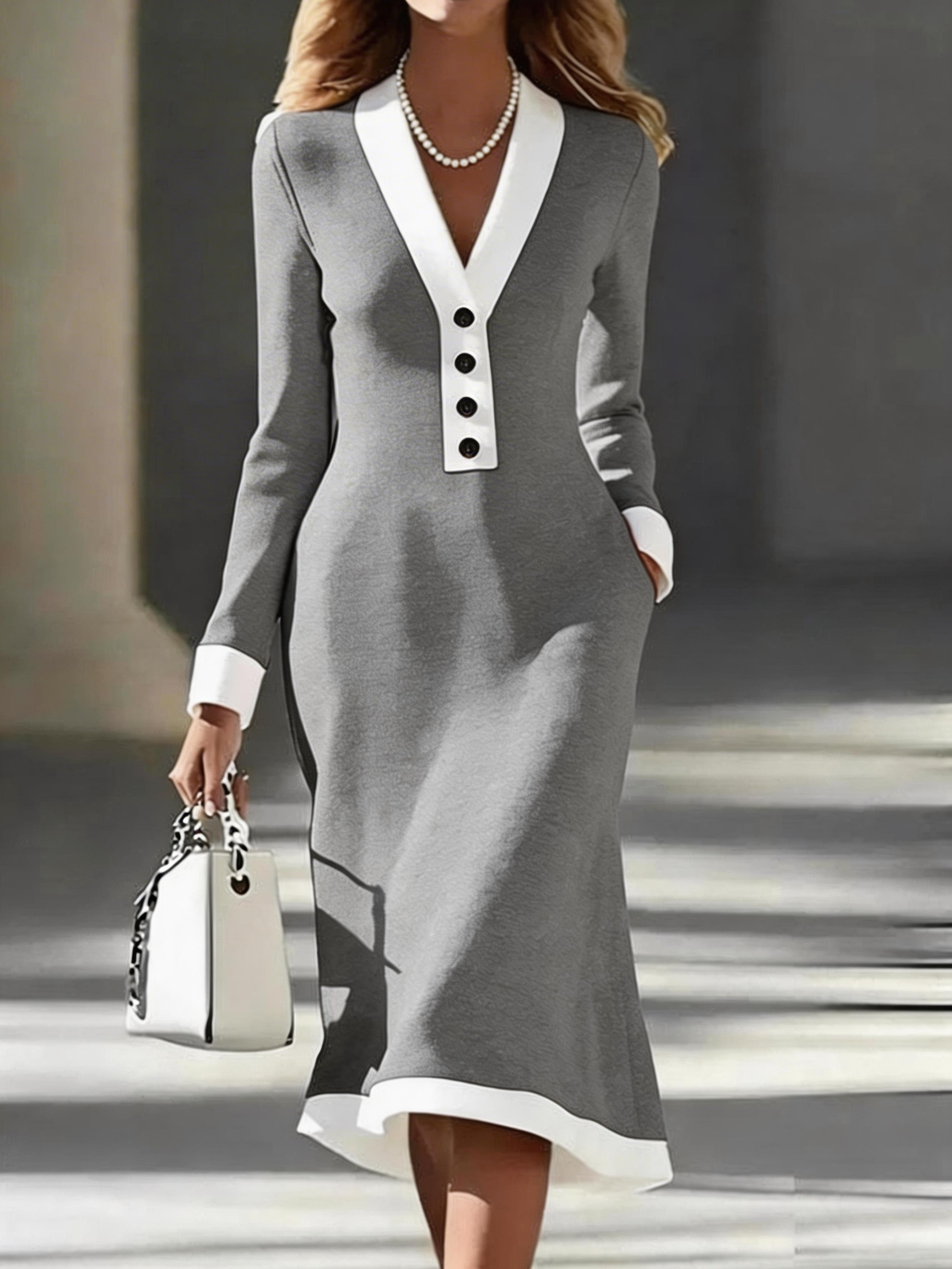 Women's Black Long Sleeve White Trim V Neck Midi Dress Elegant Bodycon Dress