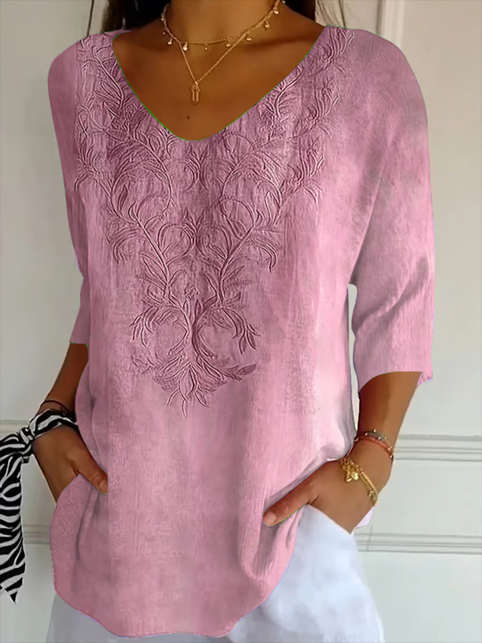 Women Casual Floral V neck Printing Daily Loose Three Quarter Sleeve T-shirts