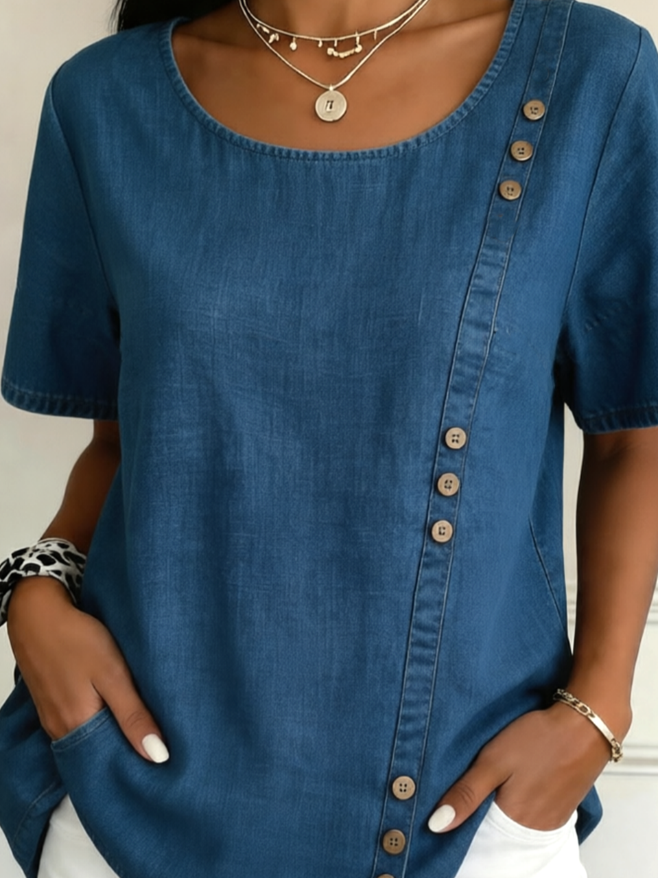 Crew Neck Faux Denim Print Graphic Casual Linen Blend Shirt
