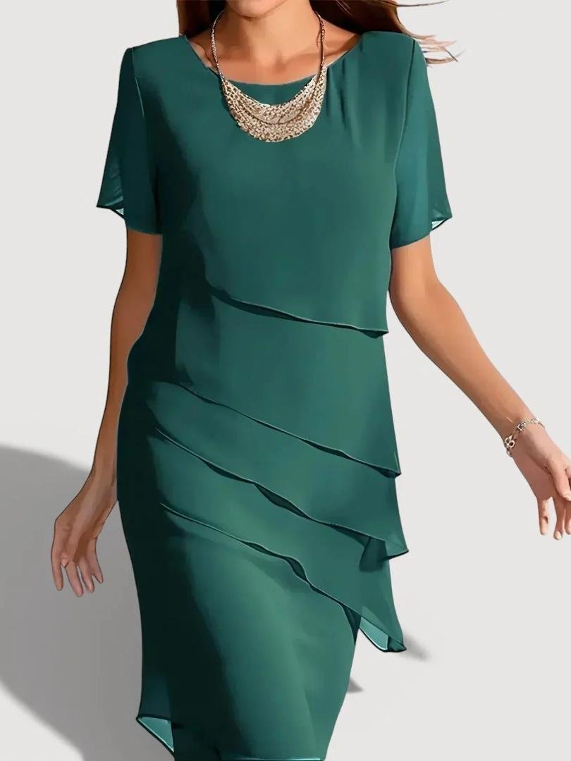 Women’s Dusty Blue Layered Ruffle Sheer Short Sleeve Semi-Formal Chiffon Dress