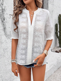 Embroidery Patterns V Neck Puff Short Sleeve Casual Blouse