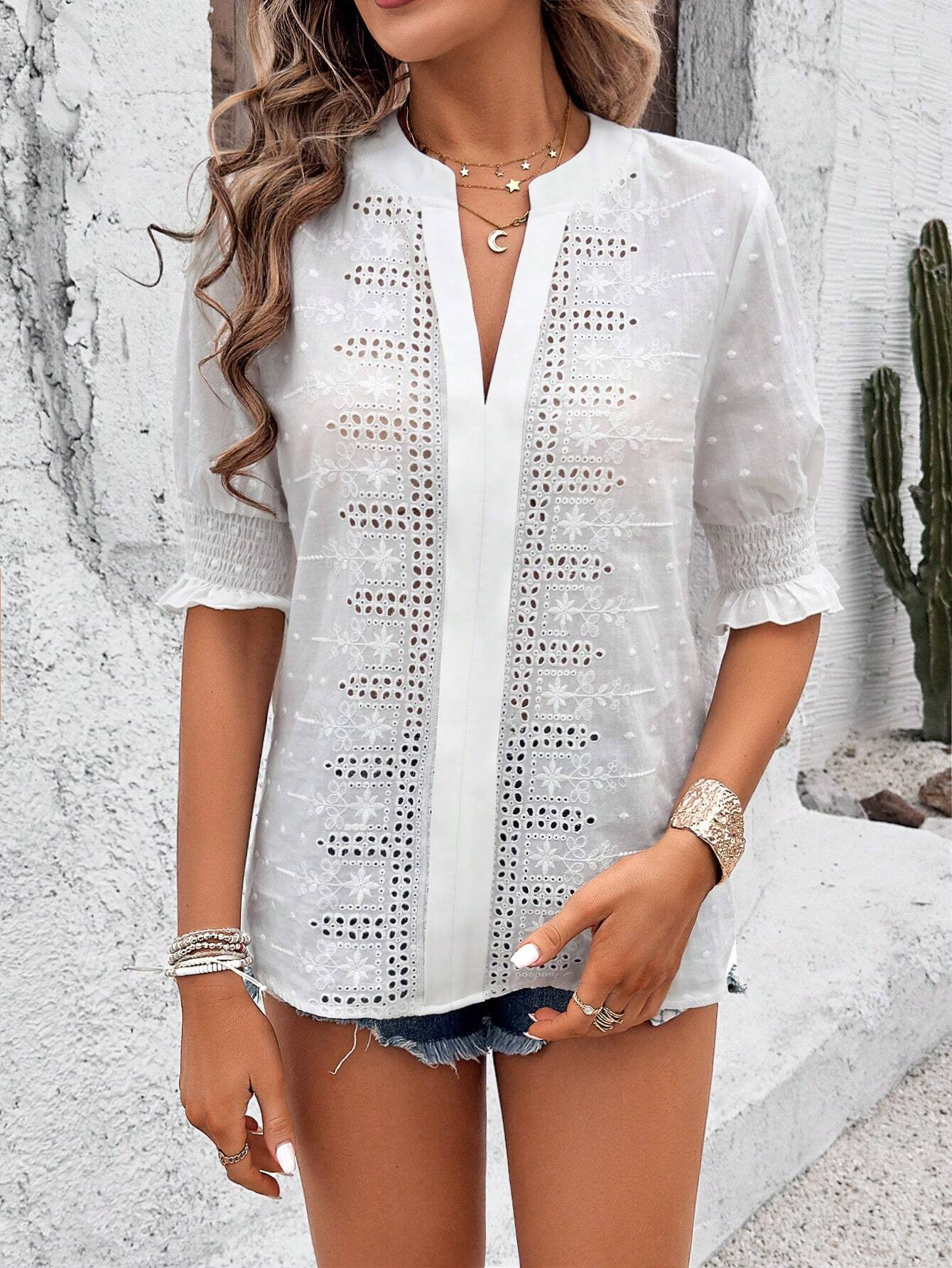 Embroidery Patterns V Neck Puff Short Sleeve Casual Blouse