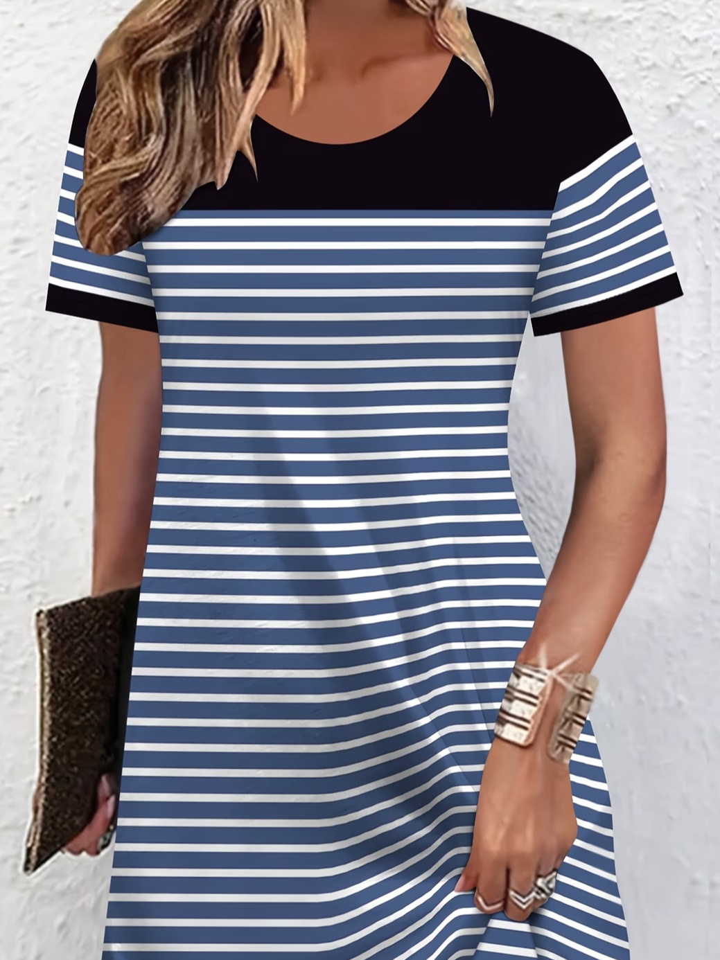 Women's Short Sleeve Summer Blue Striped Printing Crew Neck Daily Going Out Casual Midi A-Line T-Shirt Dress Dress
