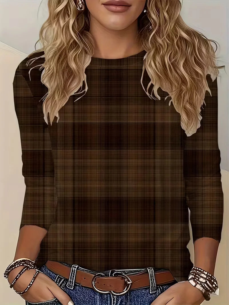 Women's Long Sleeve T-shirt Spring/Fall Brown Plaid Printing Jersey Crew Neck Daily Going Out Casual Top