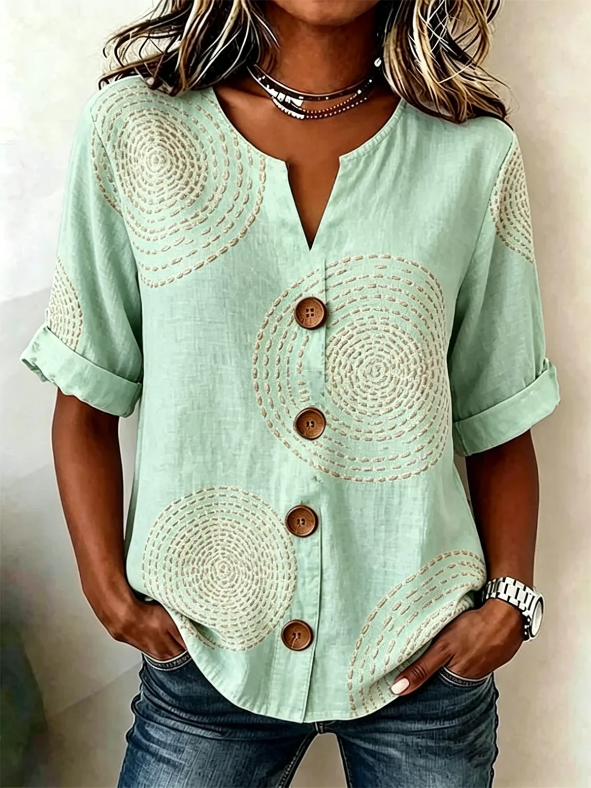 Women's Geometric Print Linen Blend V-Neck Button Front Rolled Sleeve Blouse