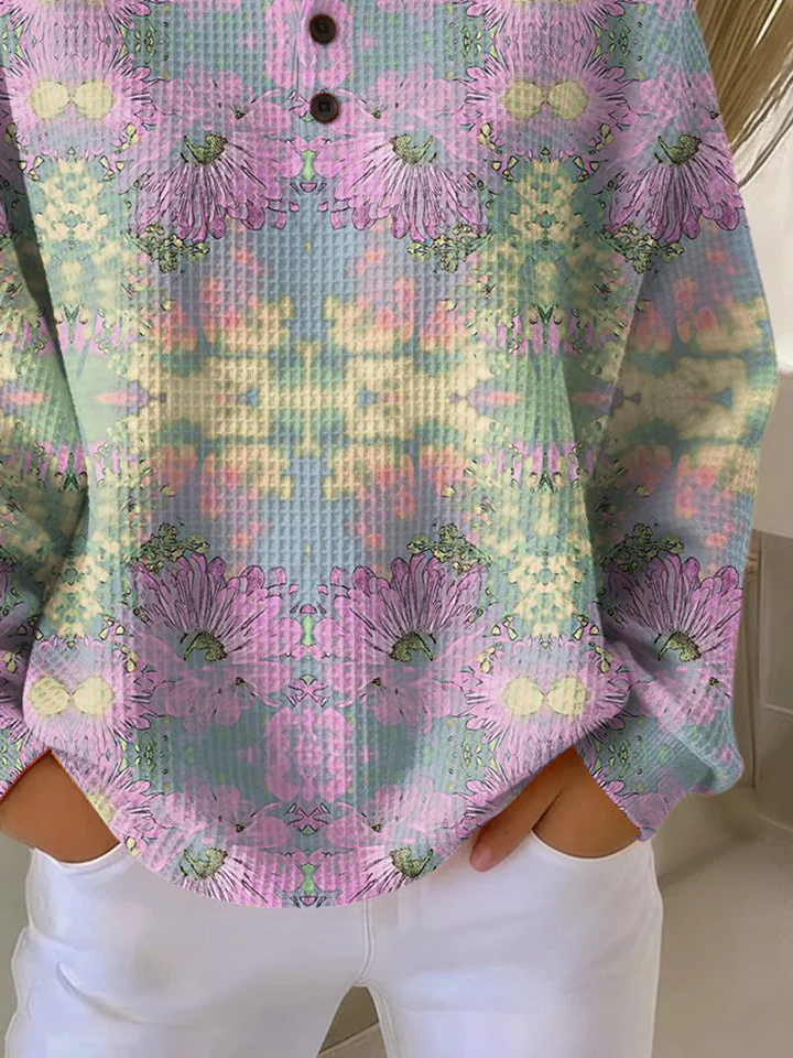 Women's Flowers Print Button-Up Casual Waffle Knit Sweatshirt