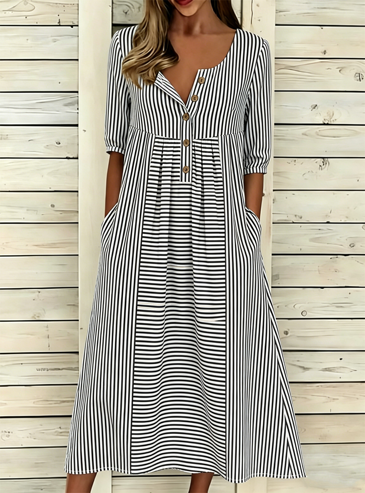 Loose Striped Vintage Half Open Collar Dress With No
